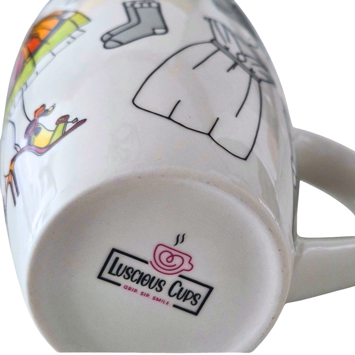 Mug with clothing illustrations featuring the 'Luscious Cups' logo.