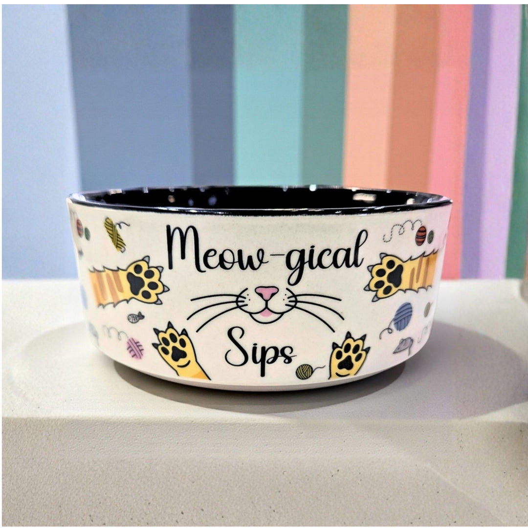 Ceramic pet bowl with cat-themed design and 'Meow-gical Sips' text on it.