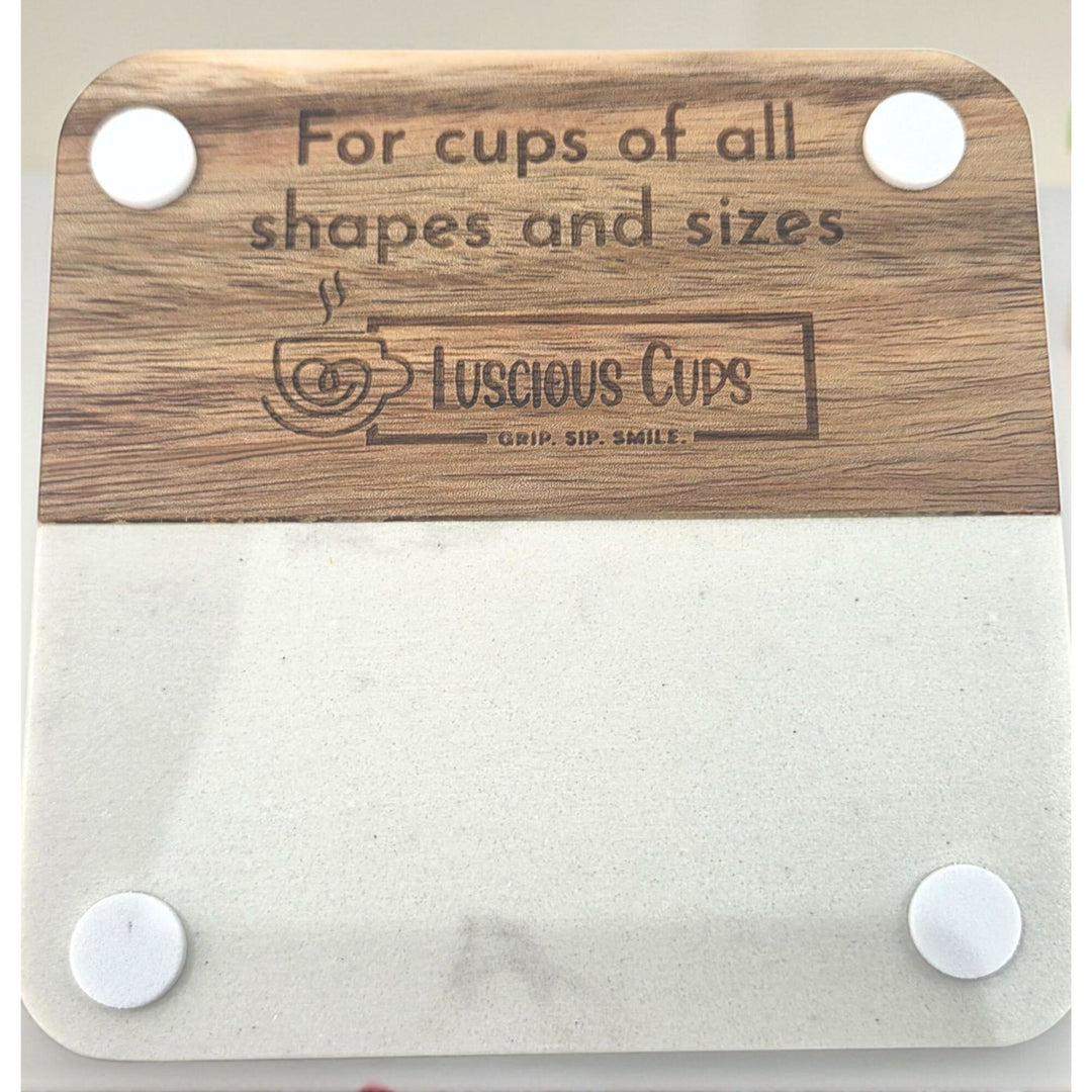 Square wood and faux marble coaster with 'Luscious Cups' branding and text saying "For Cups of All shapes and sizes"