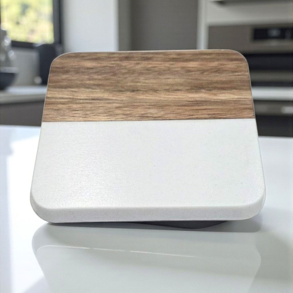 Square half wood half faux white marble coaster.