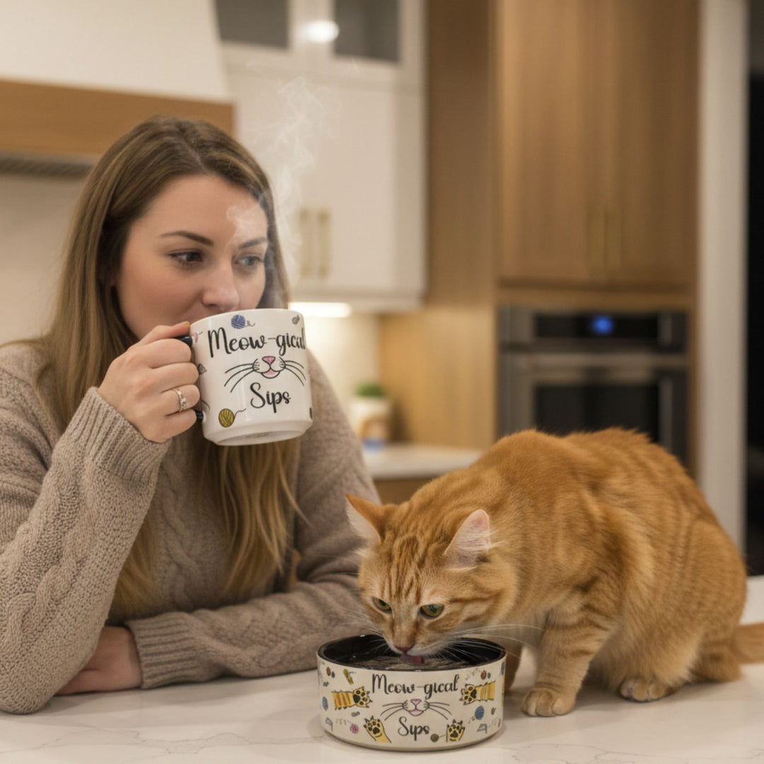 Woman drinking from a mug with a cat eating from a bowl in a kitchen. The mug and bowl share the same cat-themed design