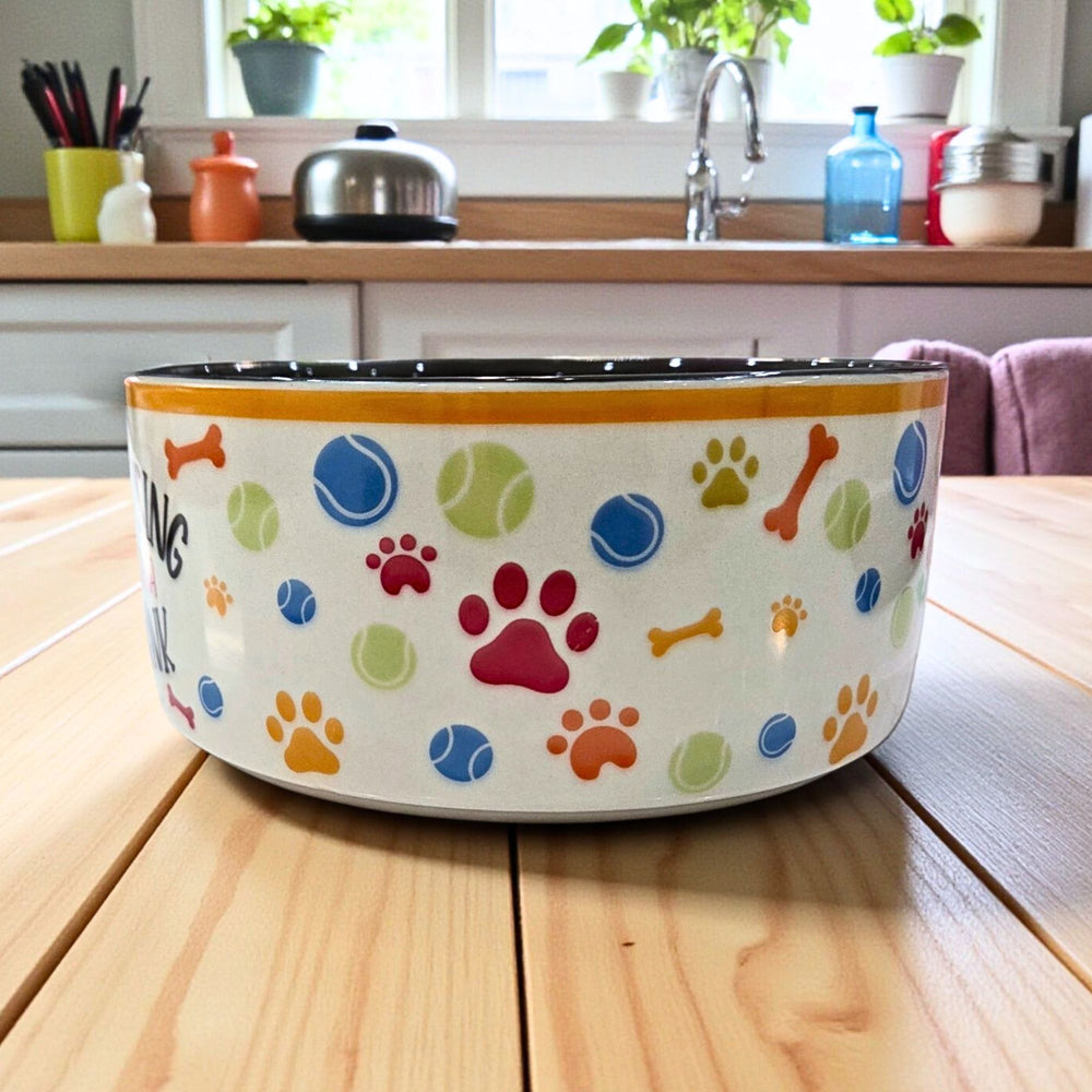 Decorative pet bowl with colorful dog-themes images on a wooden surface