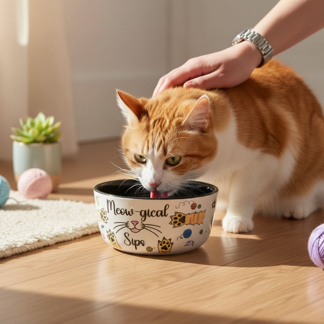 Cat drinking from a 'Meow gical Sips' bowl with a hand petting it.