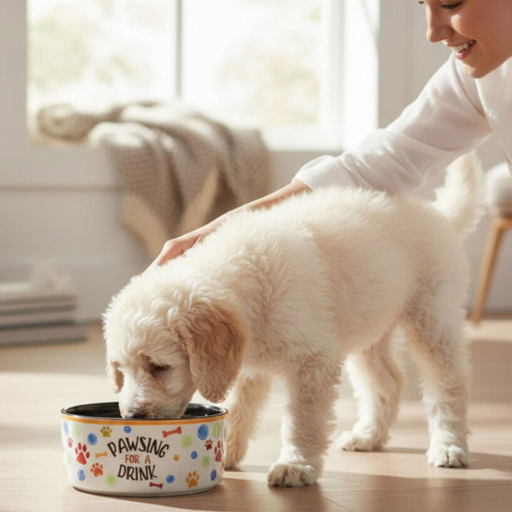 Puppy drinking from a colorful bowl with 'Pawsing for a Drink' text, being petted by a person.