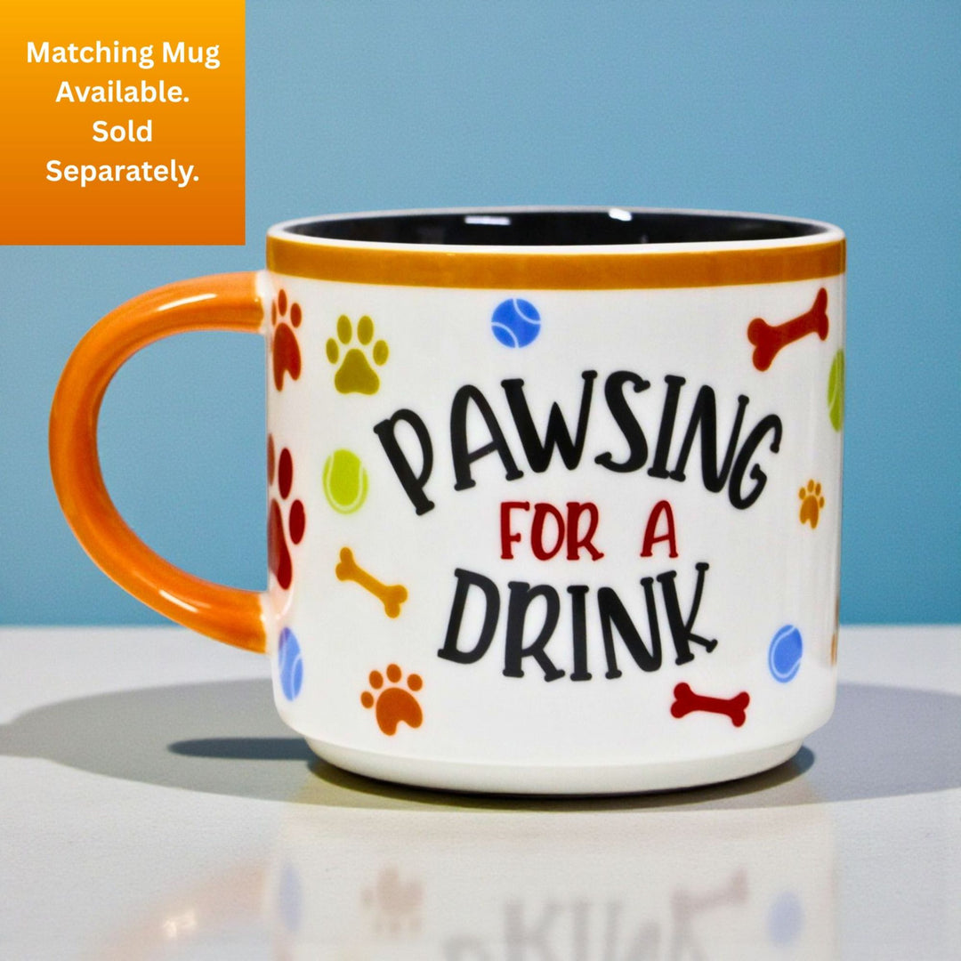 Mug with 'PAWSING FOR A DRINK' text and colorful paw prints sold separately from a matching pet bowl