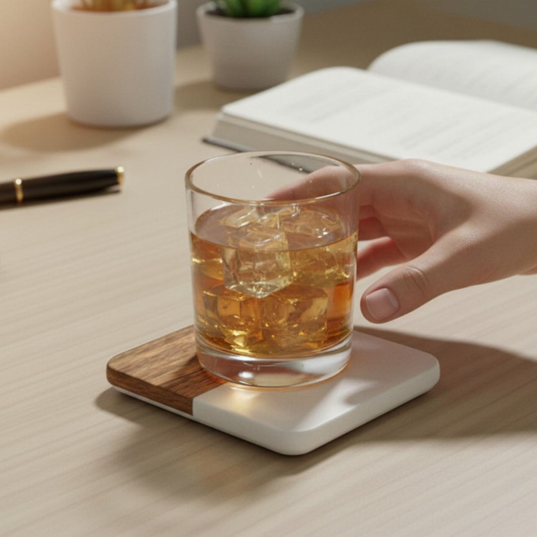 Hand holding a glass of iced drink on a wooden and faux marble square coaster.