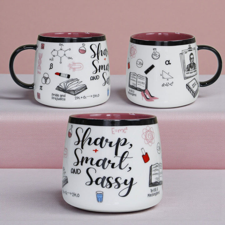 Three views of the same mugs  with 'Sharp, Smart, and Sassy' text and wraparound literary, science and fashion illustrations.